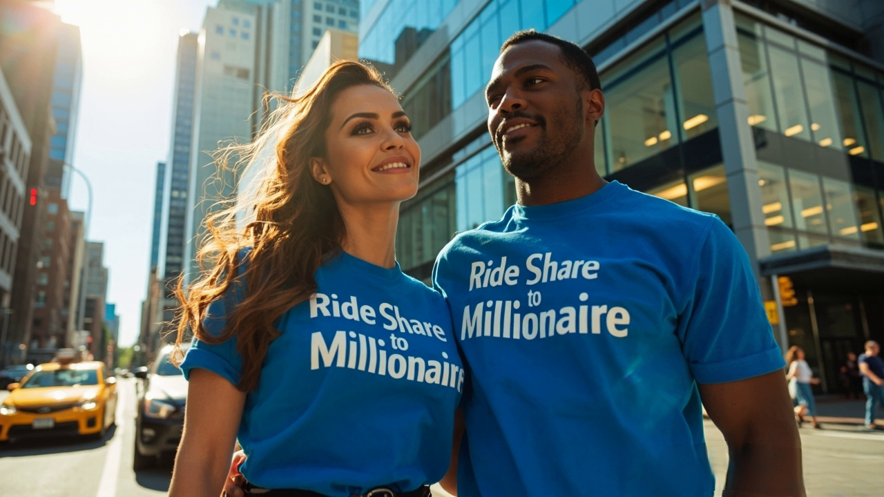 Two community members wearing Ride Share to Millionaire shirts on a downtown street